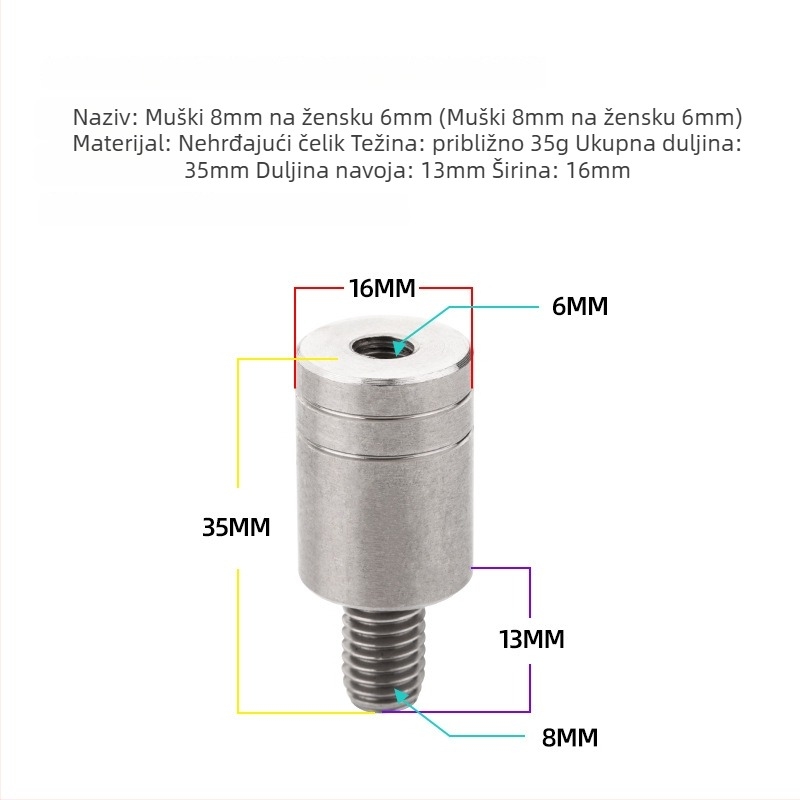 Adapter mrežne glave, promjer 6–8 mm, reduktor od nehrđajućeg čelika, vijak i matica, višenamjenski pribor