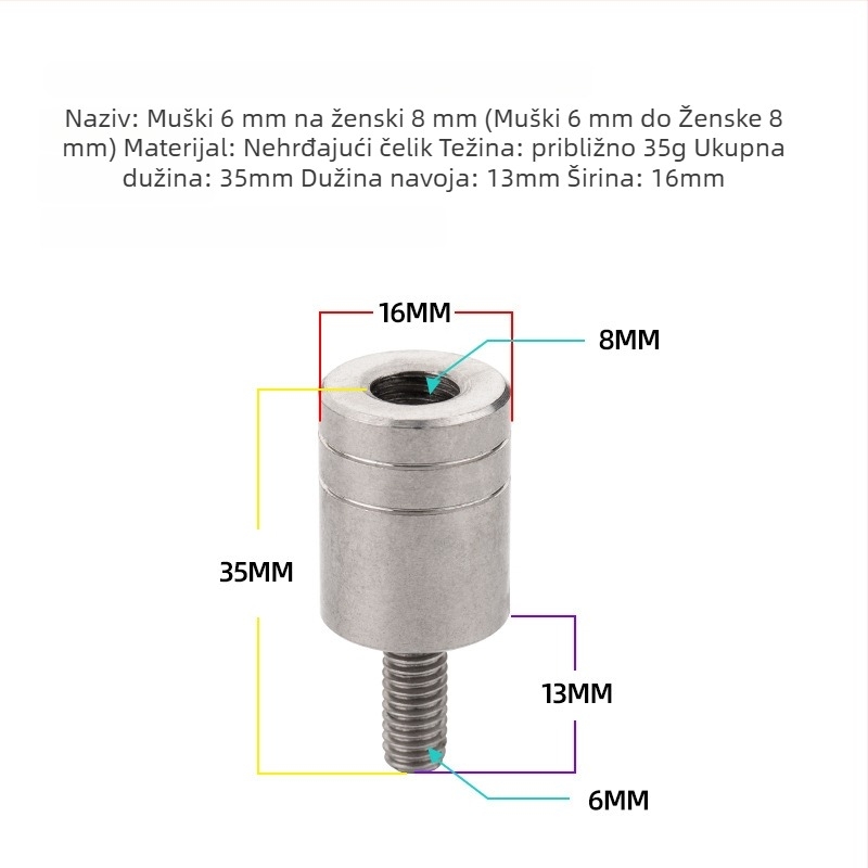 Adapter mrežne glave, promjer 6–8 mm, reduktor od nehrđajućeg čelika, vijak i matica, višenamjenski pribor
