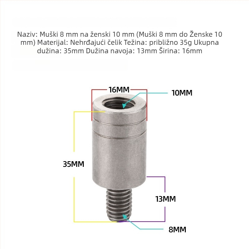 Adapter mrežne glave, promjer 6–8 mm, reduktor od nehrđajućeg čelika, vijak i matica, višenamjenski pribor