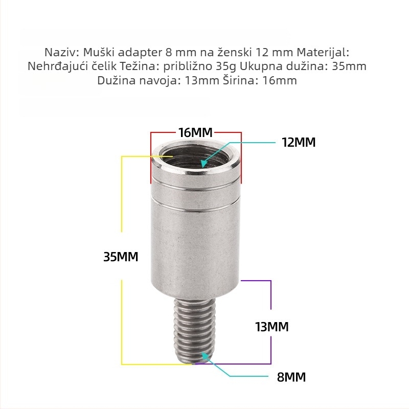 Adapter mrežne glave, promjer 6–8 mm, reduktor od nehrđajućeg čelika, vijak i matica, višenamjenski pribor
