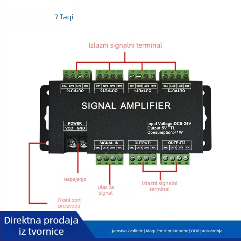 LED Simfonijski pojačivač AP-A10, 5–24V, 6-kanalni, DC utičnica/terminal blok, domet upravljanja 20 m