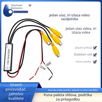 Automobilski pretvarač video signala i AV splitter, 1 ulaz / 3 izlaza, više sučelja, model SY-1T3; Tip: prekidač/distributor; Rezolucija: SD; Daljinsko buđenje: nije podržano; Duljina linije: 0,40