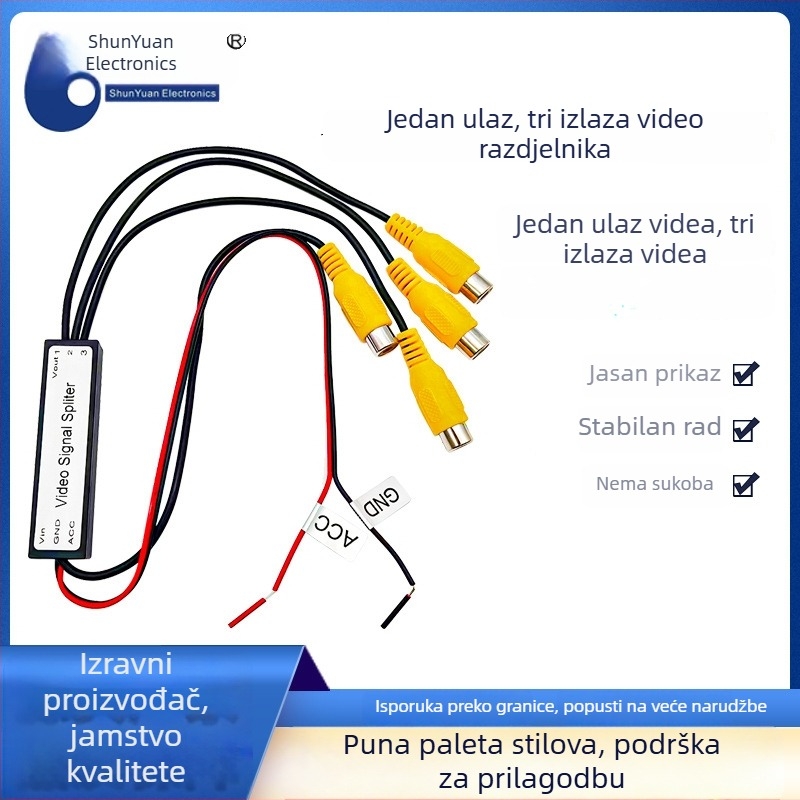 Automobilski pretvarač video signala i AV splitter, 1 ulaz / 3 izlaza, više sučelja, model SY-1T3; Tip: prekidač/distributor; Rezolucija: SD; Daljinsko buđenje: nije podržano; Duljina linije: 0,40