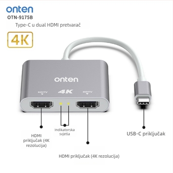 ONTEN OT-9175B Type-C na dual HDMI 4K@60Hz preklopnik za PC i mobilne uređaje, Windows kompatibilan
