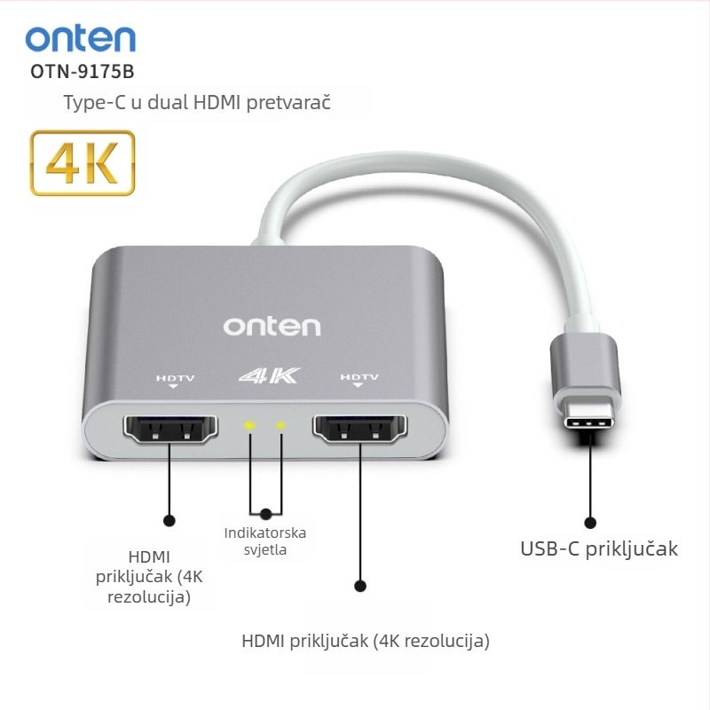 ONTEN OT-9175B Type-C na dual HDMI 4K@60Hz preklopnik za PC i mobilne uređaje, Windows kompatibilan