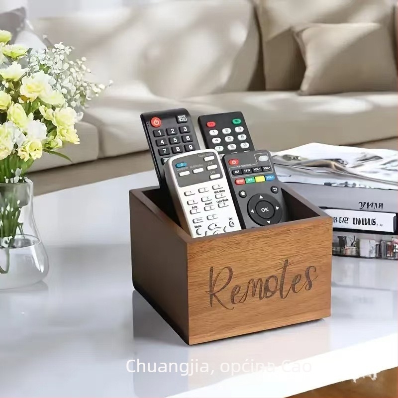 Drvena kutija za daljinske upravljače za dnevni boravak – Višenamjenska, masivno drvo, stolni organizator, kapacitet 1 L