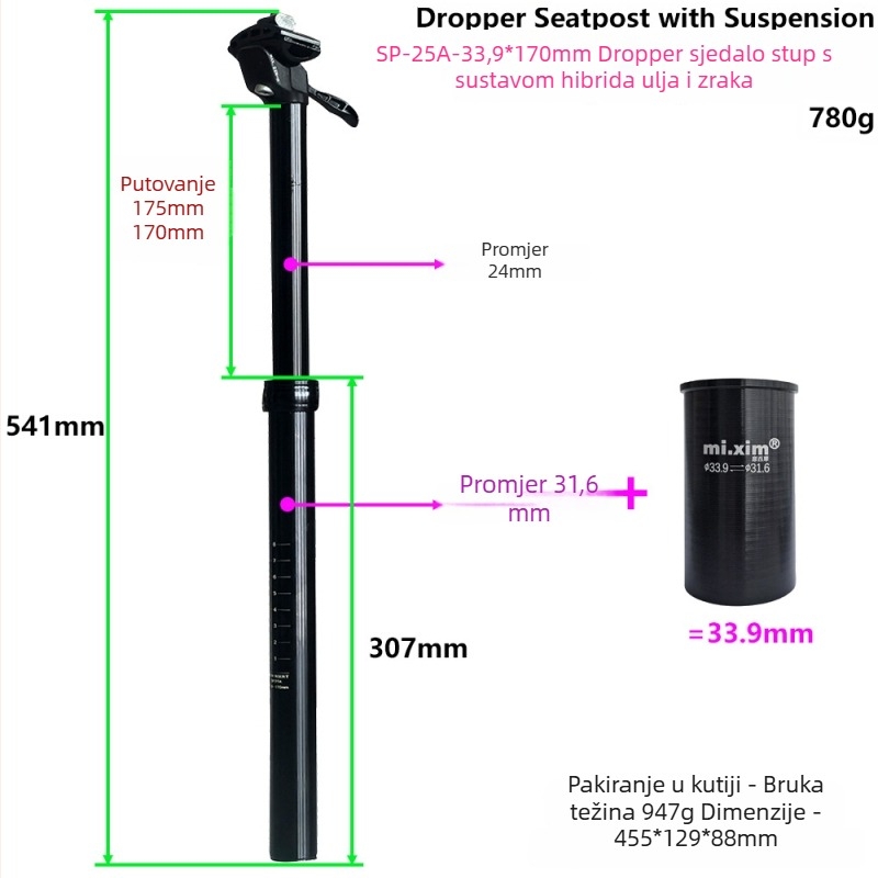 Sklopivi bicikl s podesivim sjedišnim postom i amortizacijom, promjer 33,9 mm, ulje-gaz hibrid