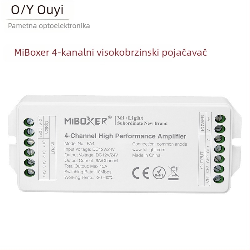 RGBW četiri-kanalni pojačivač/kontroler LED rasvjete OY-PA4, 12–24V, RF daljinsko upravljanje, IP68, domet do 30 m, terminalno sučelje