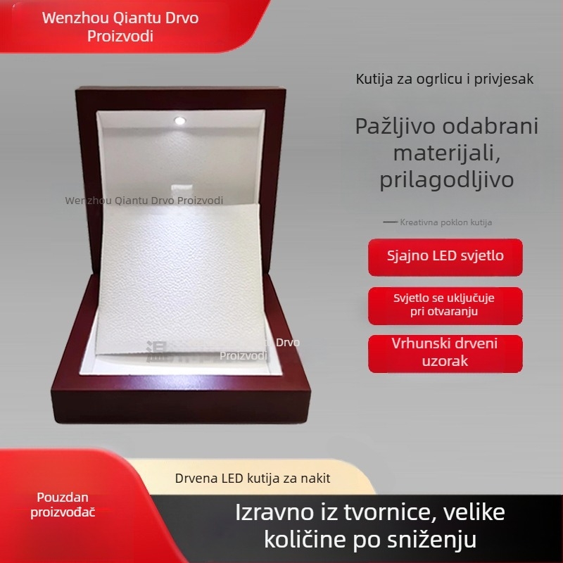 Drvena kutija za nakit s LED rasvjetom za pohranu privjeska, izrađena od ploča visoke gustoće, mogućnost prilagođenog logotipa