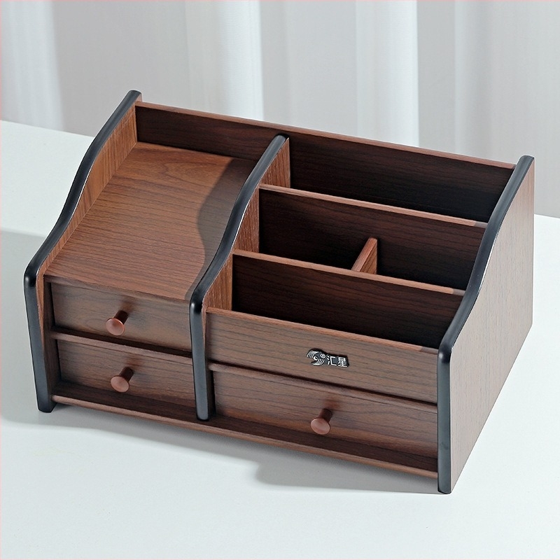 Drvena kutija za stolno skladištenje s 5 pretinaca za daljinske upravljače, kozmetiku i uredski pribor — Model HX-7168