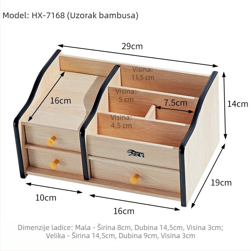 Drvena kutija za stolno skladištenje s 5 pretinaca za daljinske upravljače, kozmetiku i uredski pribor — Model HX-7168