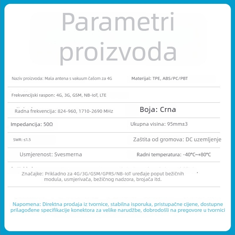 Mala usisna antena za GSM/3G/4G LTE, dobitak 3 dBi, frekvencijski pojas 824-960/1710-2690 MHz, za GPRS DTU Smart Meter