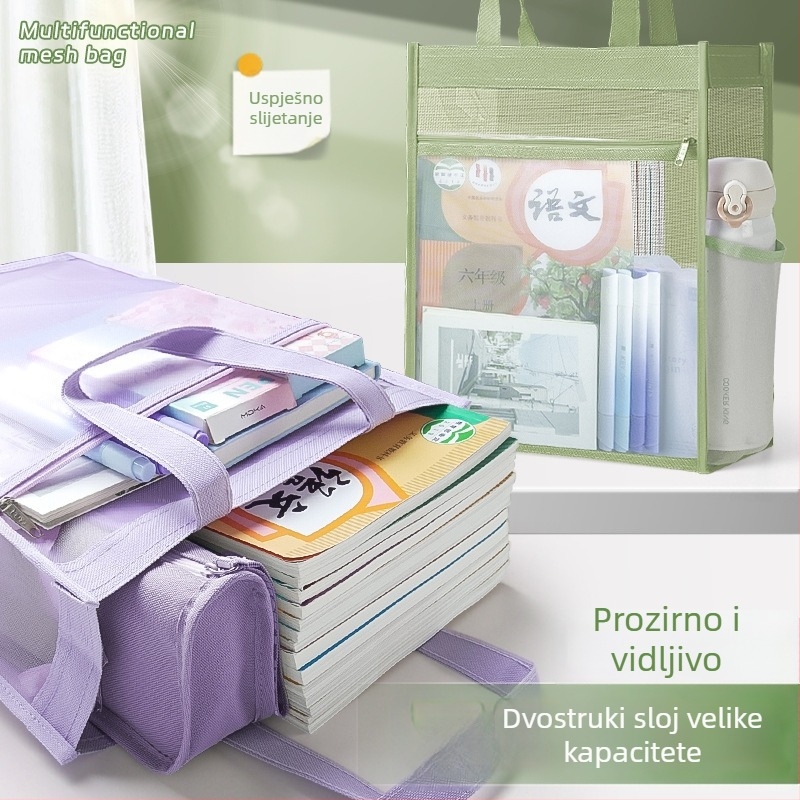 Torba za dokumente s velikim kapacitetom, prozirna mreža sa zatvaračem, nylon materijal, kosi oblik, namijenjena za studente, uredske djelatnike i putnike