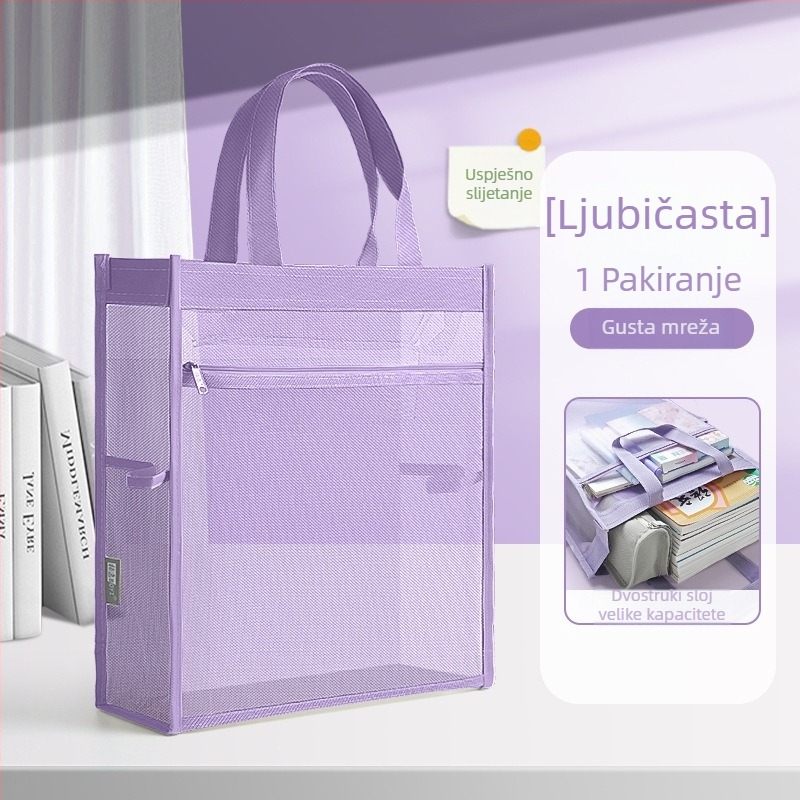 Torba za dokumente s velikim kapacitetom, prozirna mreža sa zatvaračem, nylon materijal, kosi oblik, namijenjena za studente, uredske djelatnike i putnike
