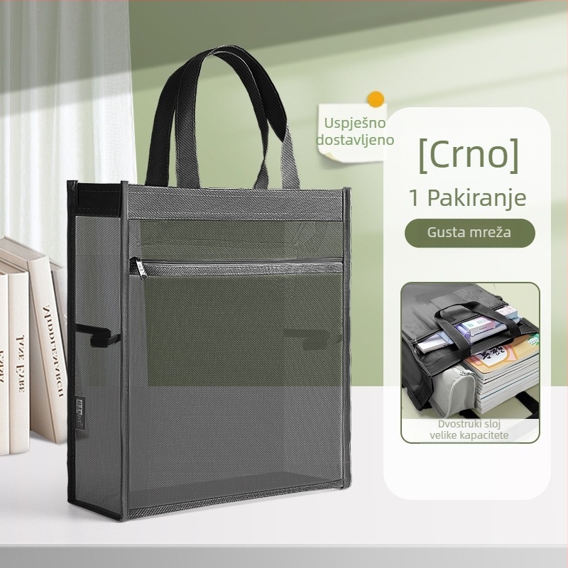 Torba za dokumente s velikim kapacitetom, prozirna mreža sa zatvaračem, nylon materijal, kosi oblik, namijenjena za studente, uredske djelatnike i putnike