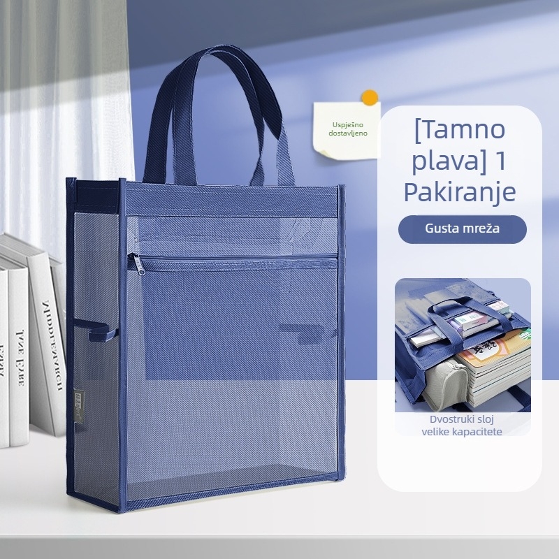 Torba za dokumente s velikim kapacitetom, prozirna mreža sa zatvaračem, nylon materijal, kosi oblik, namijenjena za studente, uredske djelatnike i putnike