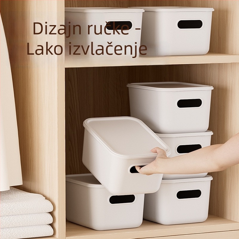 Plastična kutija za organiziranje s poklopcem, čvrsta konstrukcija, 2L kapacitet, za kozmetiku i sitnice, pogodna za dnevni boravak i garderobu.
