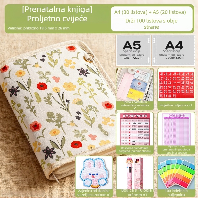 Ušiveni organizator za prenatalne preglede s zatvaračem — koža, 40 stranica, debljina 2 cm, tisk logotipa dostupan, mogućnost prilagođavanja