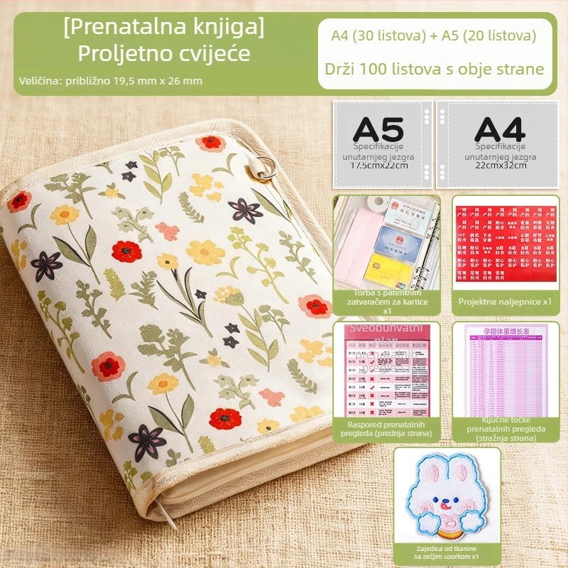 Ušiveni organizator za prenatalne preglede s zatvaračem — koža, 40 stranica, debljina 2 cm, tisk logotipa dostupan, mogućnost prilagođavanja