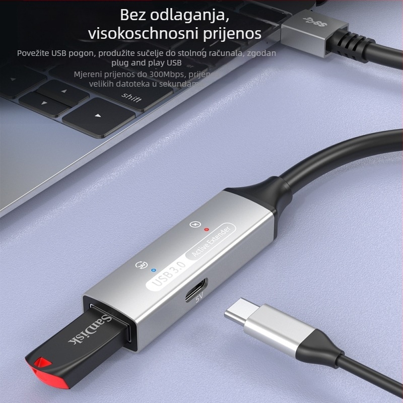 USB 3.0 produžni kabel, muško–ženski, 10 m, pojačivač signala za konferencijske kamere