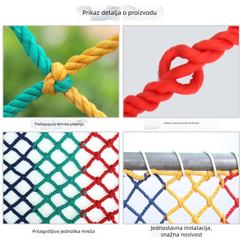 Zaštitna mreža od poliesterske elastične niti s čvorastom mrežom za balkone i stepenice (Materijal: poliester; Mreža: čvorasta; Upotreba: balkoni, stepenice, ograde, dekoracija; Sigurnost: sprečava padove i penjanje)