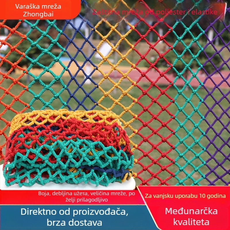 Zaštitna mreža od poliesterske elastične niti s čvorastom mrežom za balkone i stepenice (Materijal: poliester; Mreža: čvorasta; Upotreba: balkoni, stepenice, ograde, dekoracija; Sigurnost: sprečava padove i penjanje)