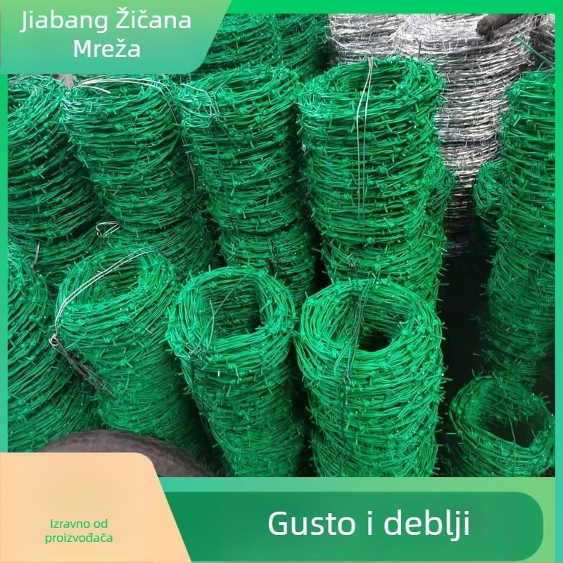 PVC-om premazan bodljikava žica za ograde — niskougljični čelik, promjer 1,5–3,0 mm, jednostruki zavoj, desno zavijanje, čvrstoća na vlačenje 350