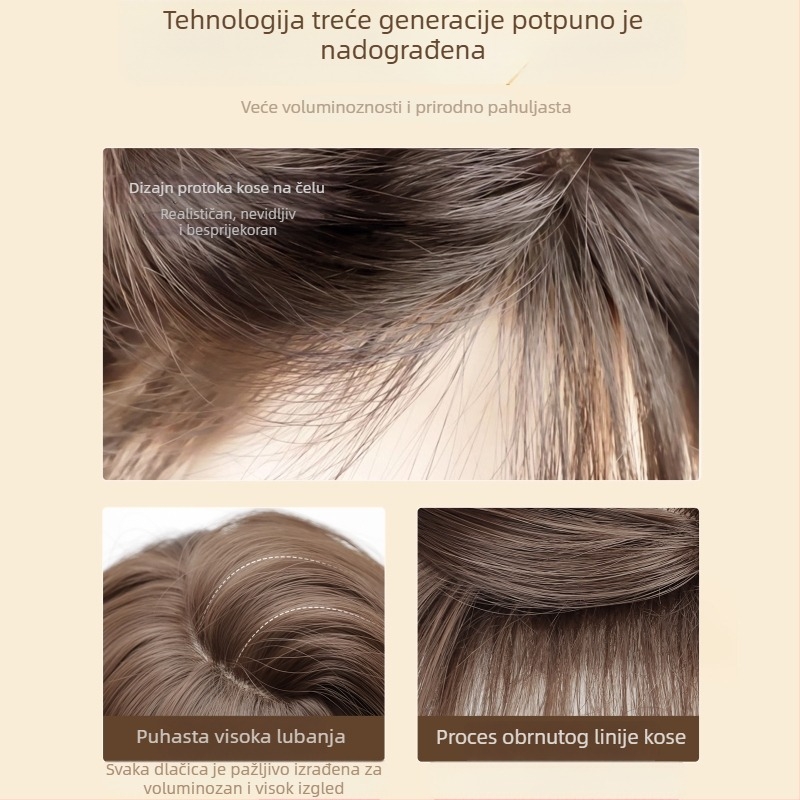 Ženska perika — kompletna pokrivenost glave, mat visokotemperatna svila, dugačke kovrčave valovite, prednji dio bez šava s bangs, prirodan izgled, nije za bojanje ili trajnu