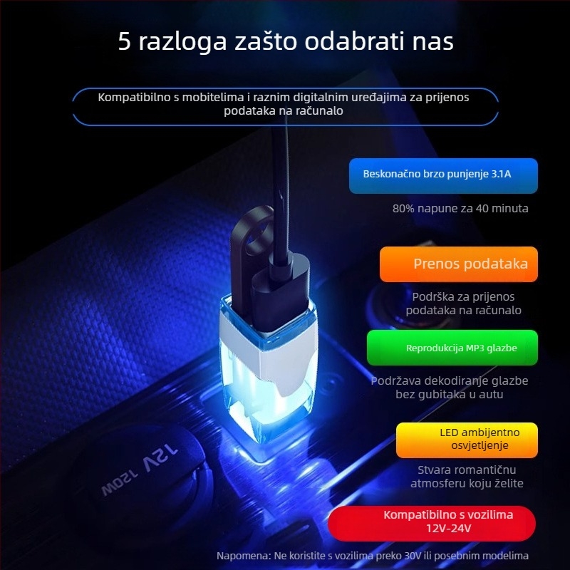 Pure automobilski USB dvostruki punjač i razdjelnik podataka, USB auto adapter MP3, model 3.1 mA