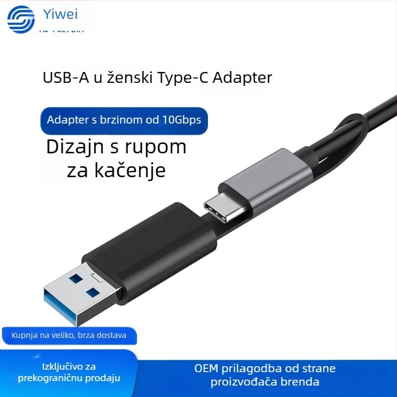 USB-C adapter s montažom kroz otvor, USB 3.2, M–F Type-C, brzo punjenje 12V/3A, kompatibilan s USB-C slušalicama i mobitelima