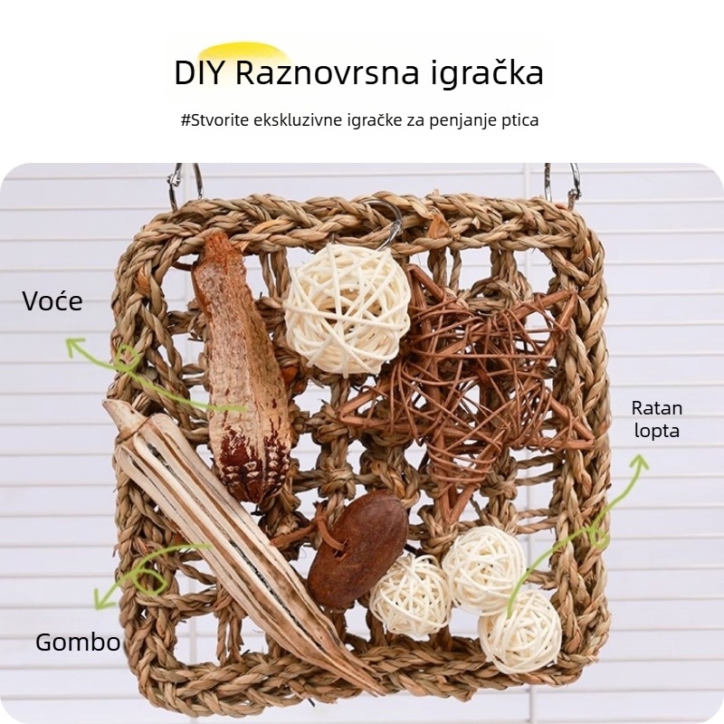 Igračka za papige – penjaća mreža s prirodnim rotang kuglom, dizajn za žvakanje i ublažavanje stresa kućnih ptica