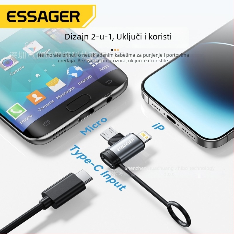 Essager USB-C OTG adapter, dvije funkcije: Type-C ženski na iOS muški + Micro muški, model Es-otg33