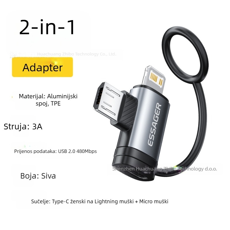 Essager USB-C OTG adapter, dvije funkcije: Type-C ženski na iOS muški + Micro muški, model Es-otg33