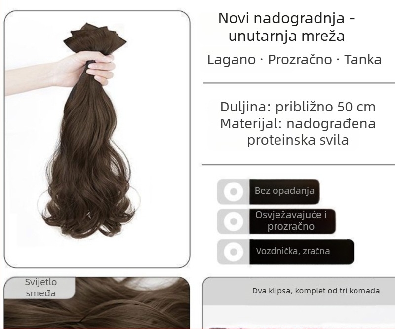 Paruka tri dijela s velikim valovima za volumen, termootporne sintetičke vlasi, segmentirano nevidljivi pričvršćivanje, volumen produženja kose, univerzalno za sve tonove kože, nije za bojanje niti trajnu