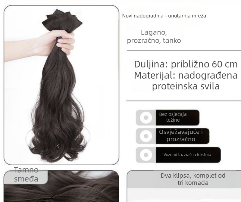 Paruka tri dijela s velikim valovima za volumen, termootporne sintetičke vlasi, segmentirano nevidljivi pričvršćivanje, volumen produženja kose, univerzalno za sve tonove kože, nije za bojanje niti trajnu