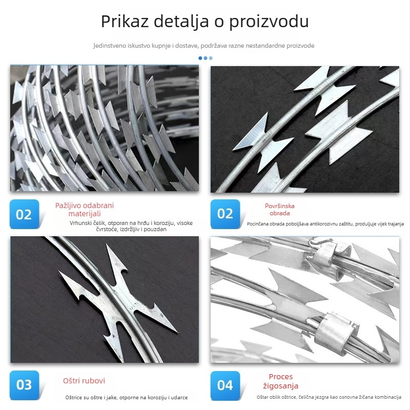 Žičana mreža s oštrim bodljama i valjkasti okvir, protiv penjana, nehrđajući čelik