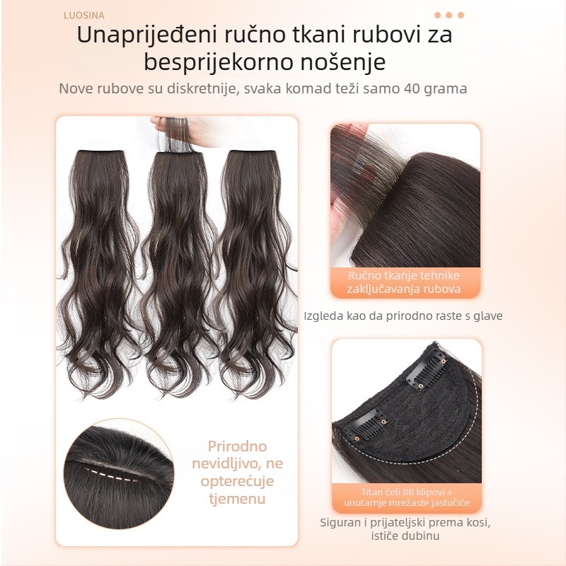 Dio kose za žene s dugom kosom, trodijelna ručno tkana rub, velike valovite kovrče, volumen produženja; razina B303 velike val; materijal kose: žica otporna na visoku temperaturu; tehnologija obrade: mehanizam; bojanje ili trajna: nije preporučeno