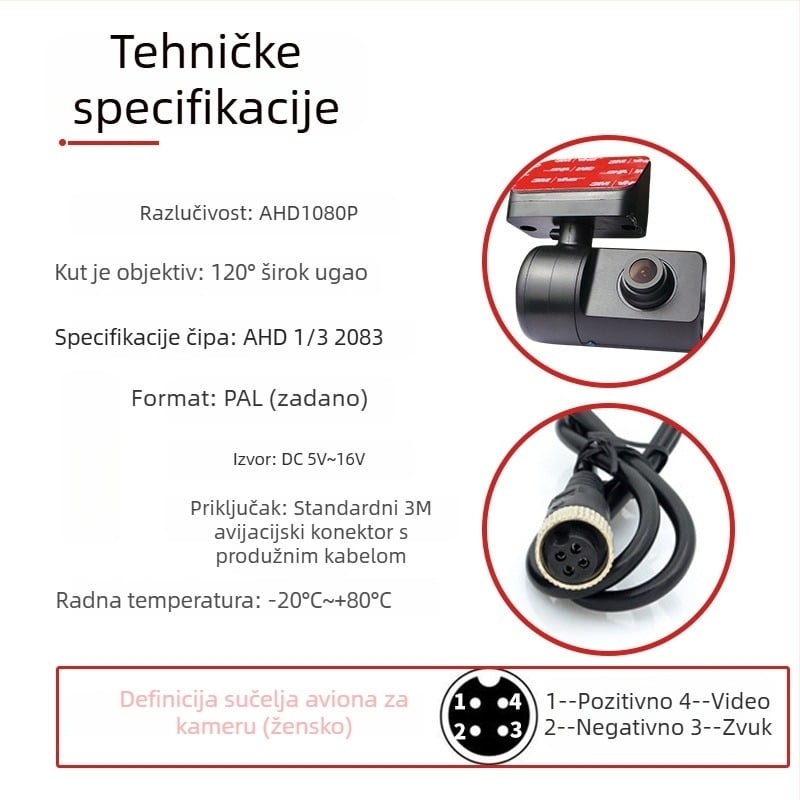 Prednja infracrvena kamera za automobile s jednim kanalom, za online vozila i taxi, model LA-AHD805, 1920x1080, AHD video, 360° prilagodljivo