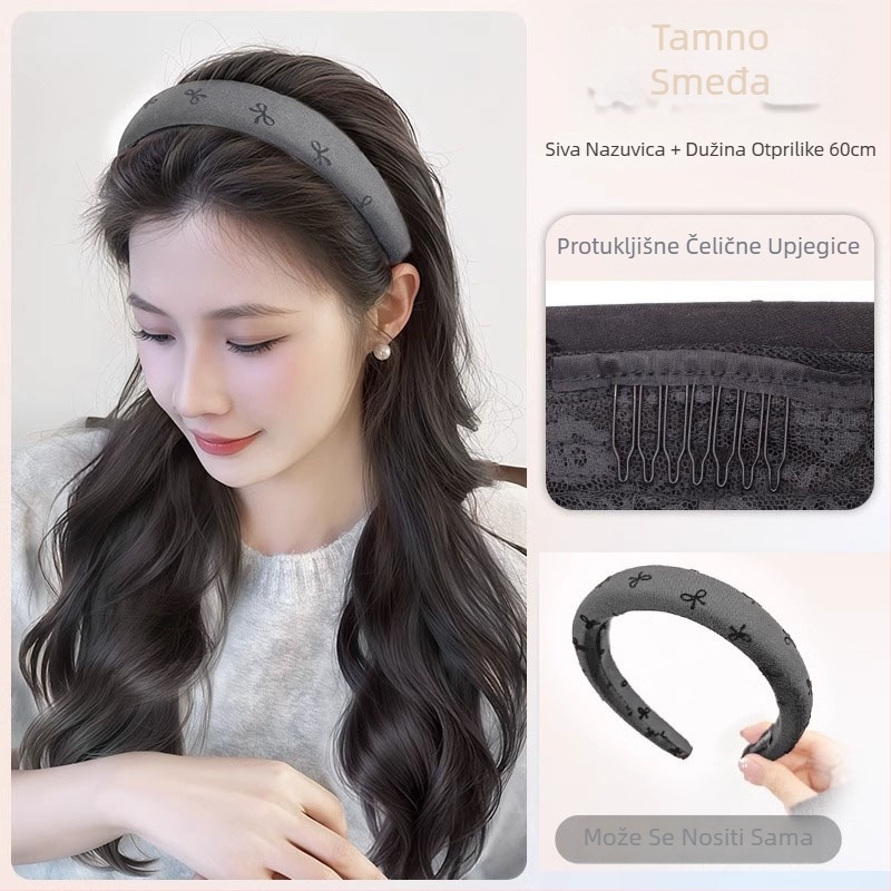 Perika s trakom za glavu - prirodan stil, duga kosa s kovrčama (vlakana otporna na toplinu; Bow headband wig model; prirodan stil)
