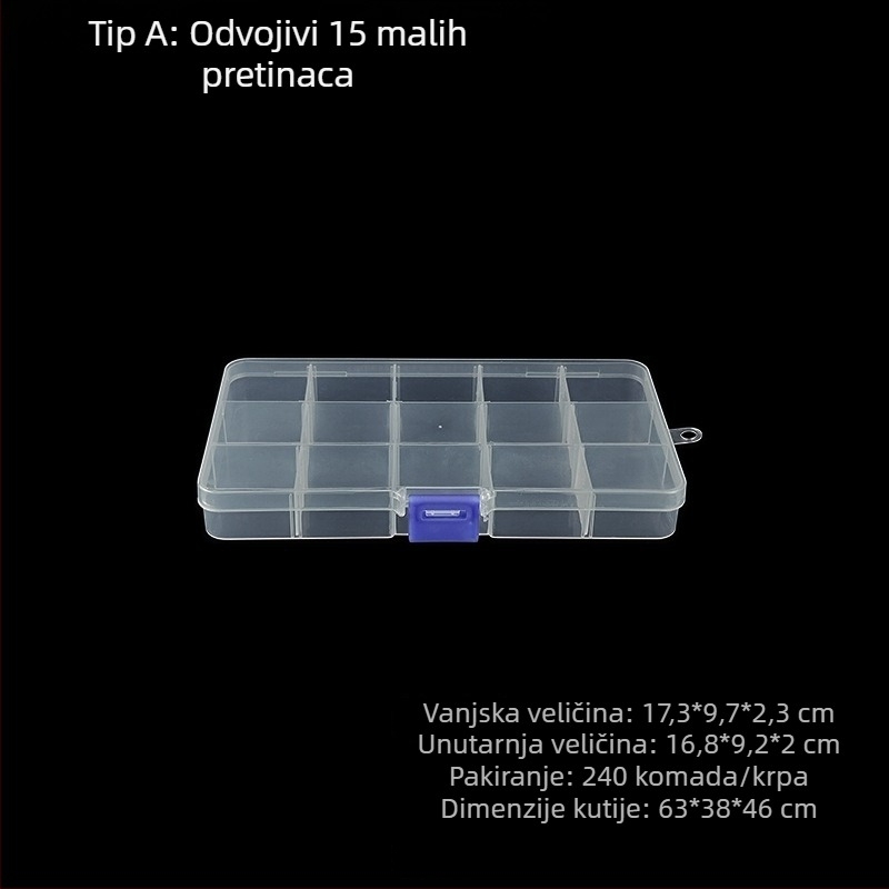 PP plastična kutija za pohranu s 15 pretinaca i poklopcem, za šrafove i hardver, pravokutnog oblika