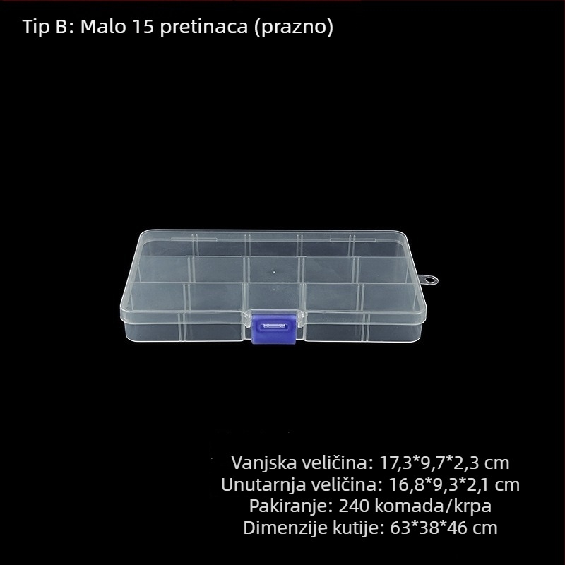 PP plastična kutija za pohranu s 15 pretinaca i poklopcem, za šrafove i hardver, pravokutnog oblika