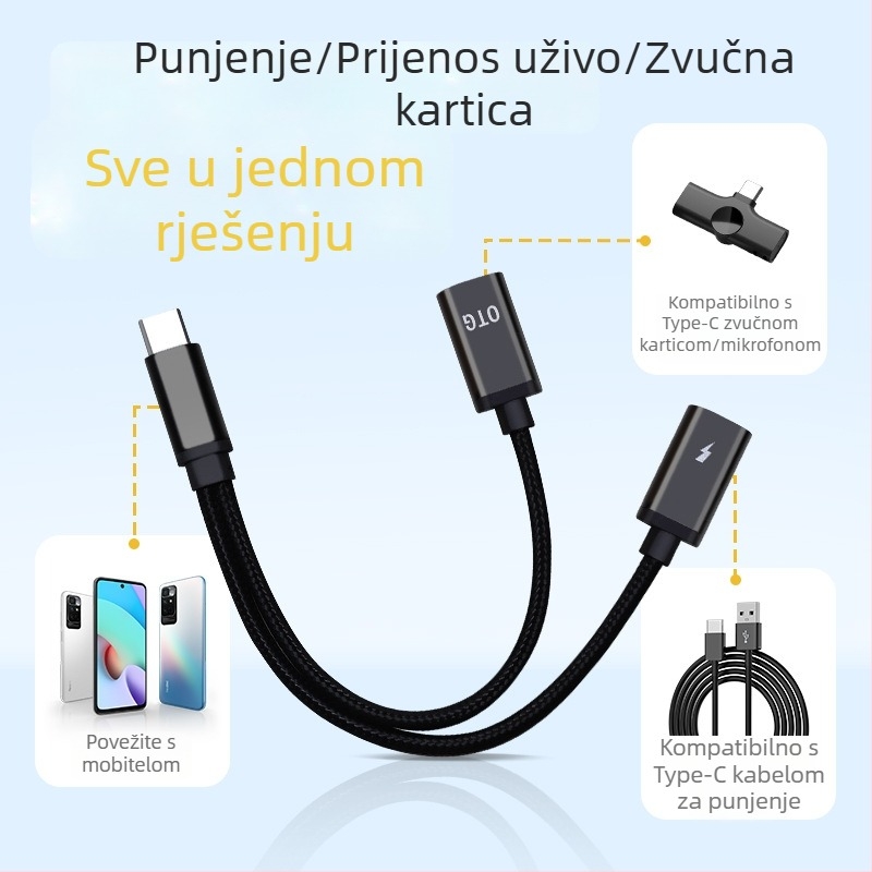 OTG USB-C 2-in-1 adapter za Lavalier mikrofon i slušalice – napajanje i audio sučelje za Android Type-C uređaje