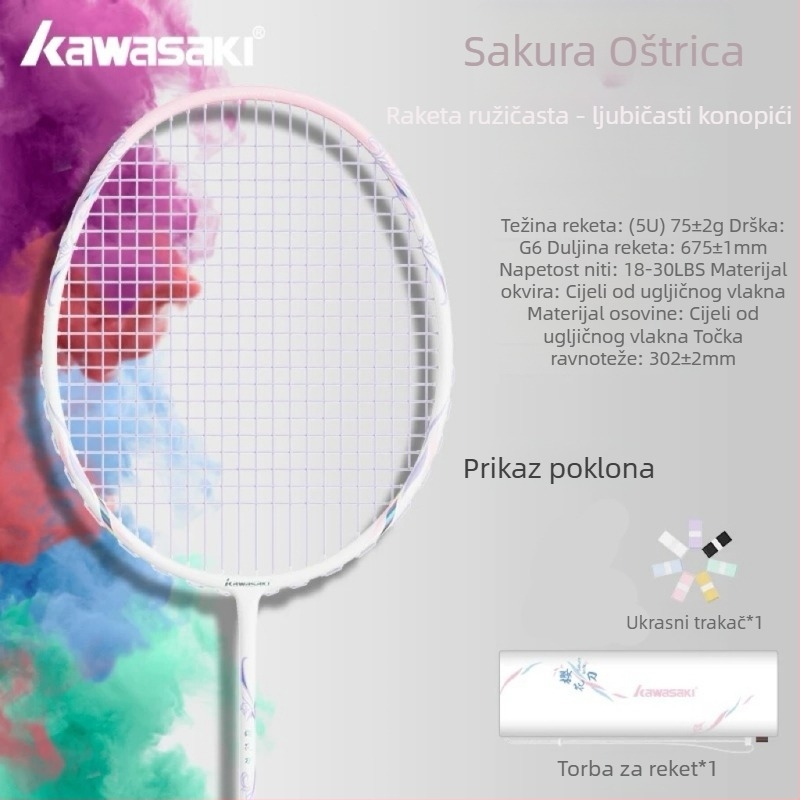 Kawasaki badminton raketa – potpuno karbonska, ultra lagana, 75–79 g, direktni udarac, za napredne amatere