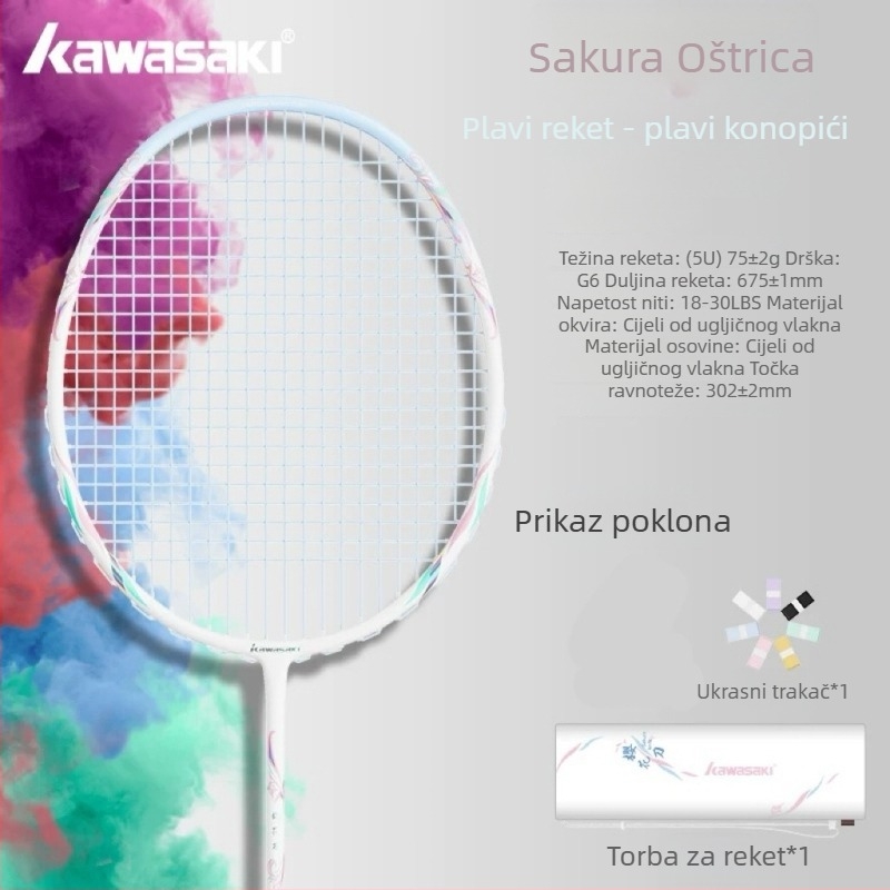 Kawasaki badminton raketa – potpuno karbonska, ultra lagana, 75–79 g, direktni udarac, za napredne amatere