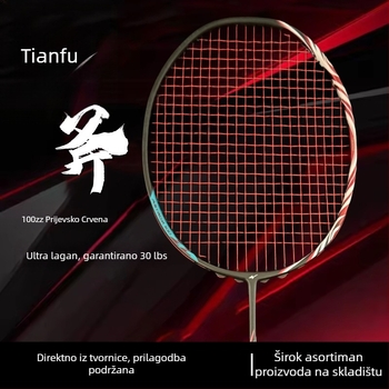 Raketa za badminton, karbonsko vlakno okvir, težina 80–84 g, horizontalni udar, srednja tvrdoća, držač G5