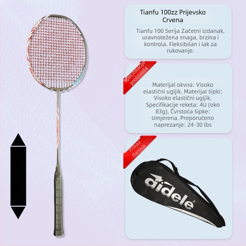 Raketa za badminton, karbonsko vlakno okvir, težina 80–84 g, horizontalni udar, srednja tvrdoća, držač G5