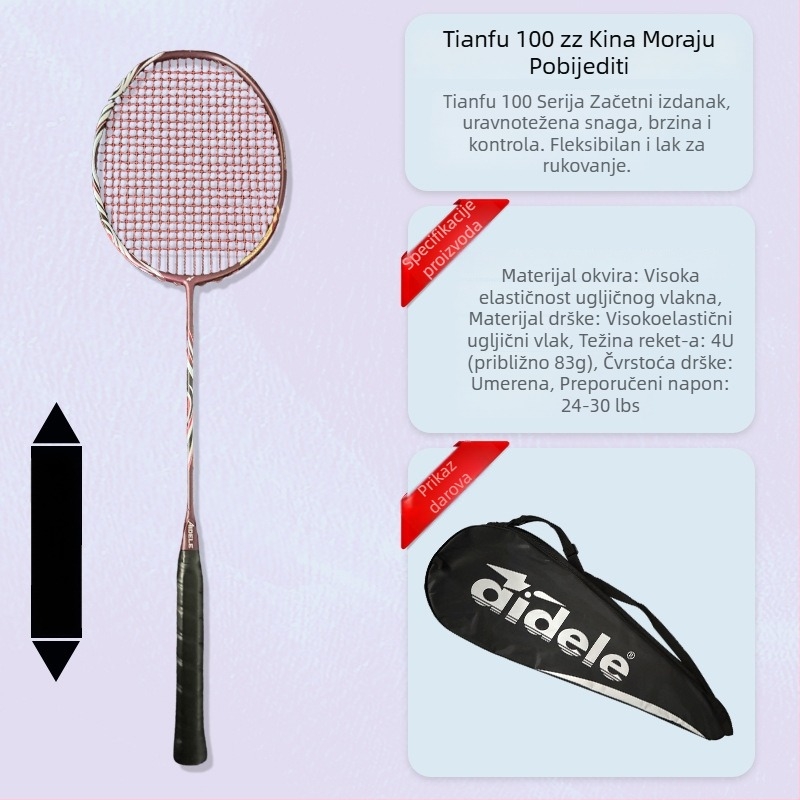 Raketa za badminton, karbonsko vlakno okvir, težina 80–84 g, horizontalni udar, srednja tvrdoća, držač G5