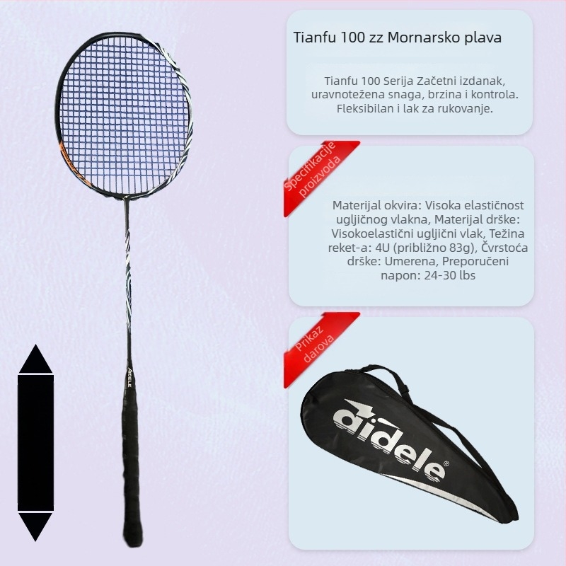 Raketa za badminton, karbonsko vlakno okvir, težina 80–84 g, horizontalni udar, srednja tvrdoća, držač G5