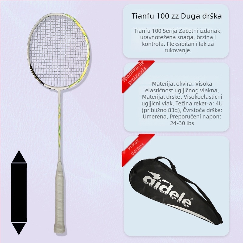 Raketa za badminton, karbonsko vlakno okvir, težina 80–84 g, horizontalni udar, srednja tvrdoća, držač G5