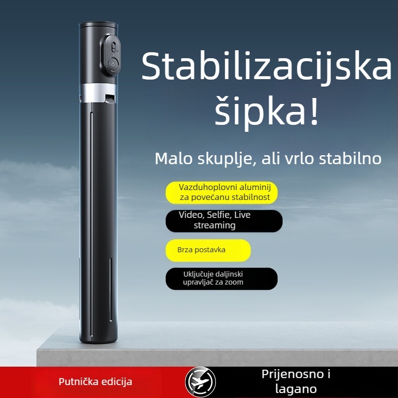 Selfie štap X7 s Bluetooth daljinskim upravljačem, LED rasvjetom, stabilizacijom slike, aluminijska legura, univerzalno